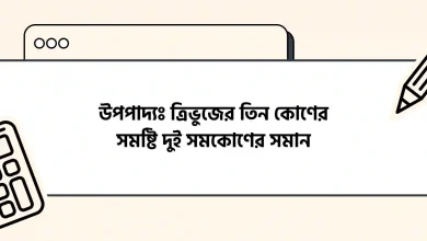 উপপাদ্যঃ ত্রিভুজের তিন কোণের সমষ্টি দুই সমকোণের সমান